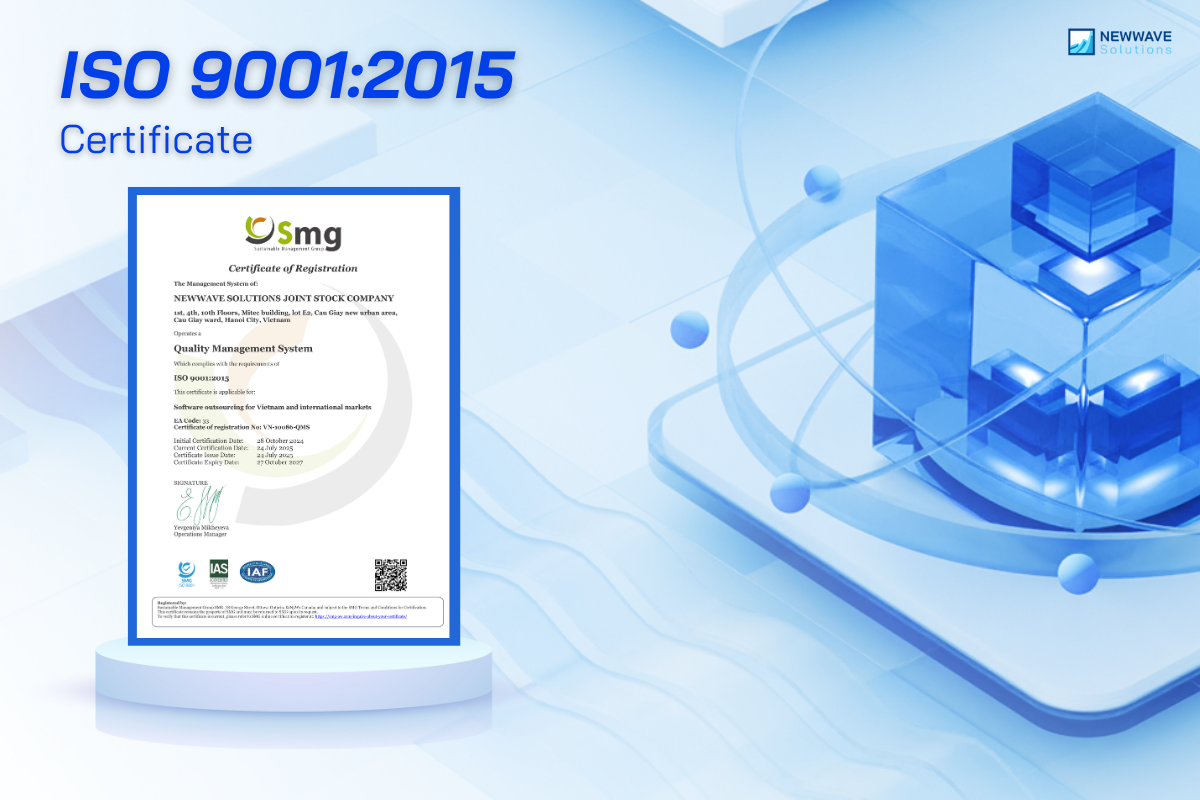 Newwave Solutions Achieves ISO 9001:2015 and ISO 27001:2022 Certifications – Global Standards for Quality & Security 3 Newwave Solutions ISO 9001:2015 certificate