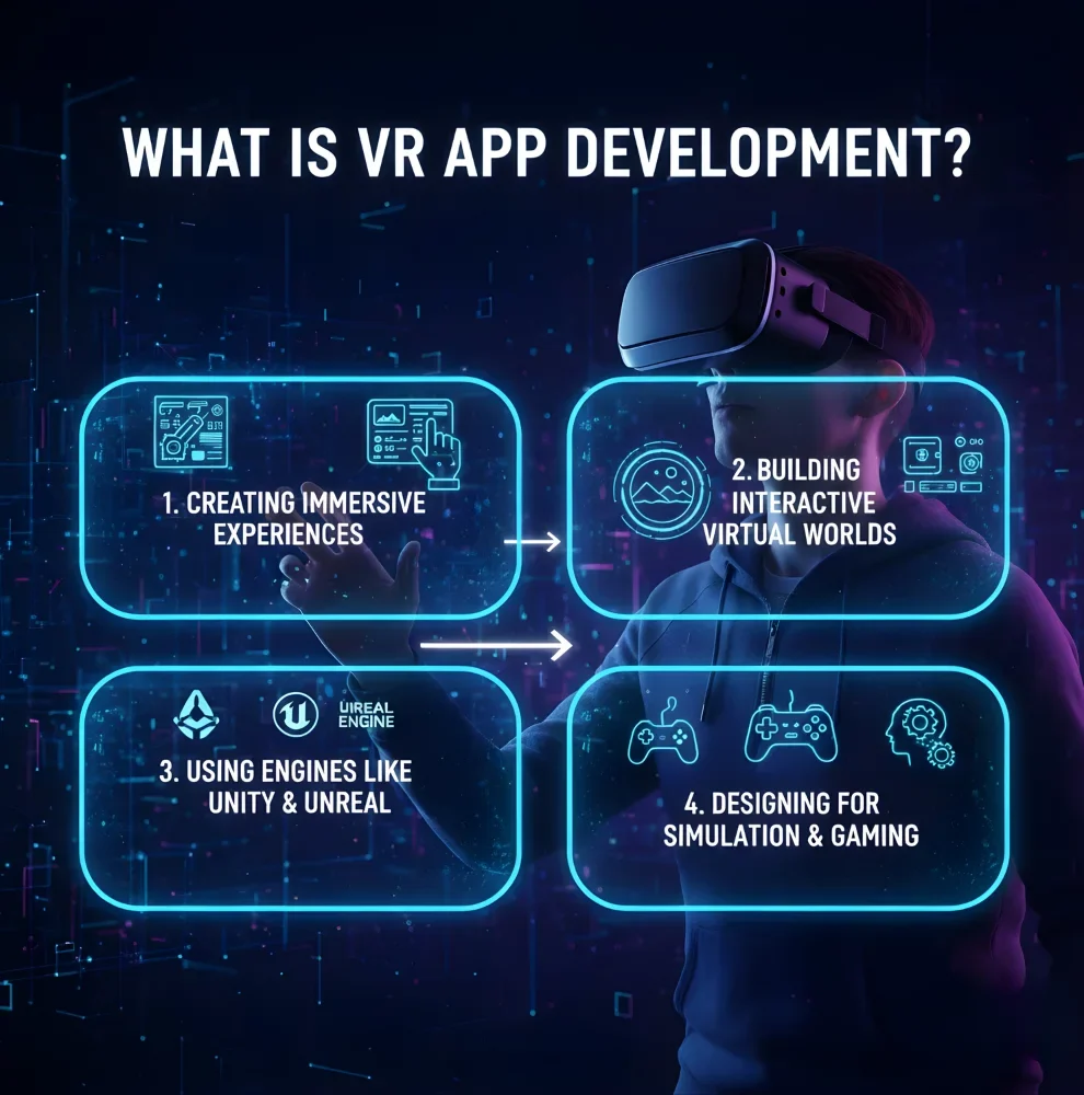 VR app is a software application that users can explore and interact with in a way that feels real, primarily through a VR headset 