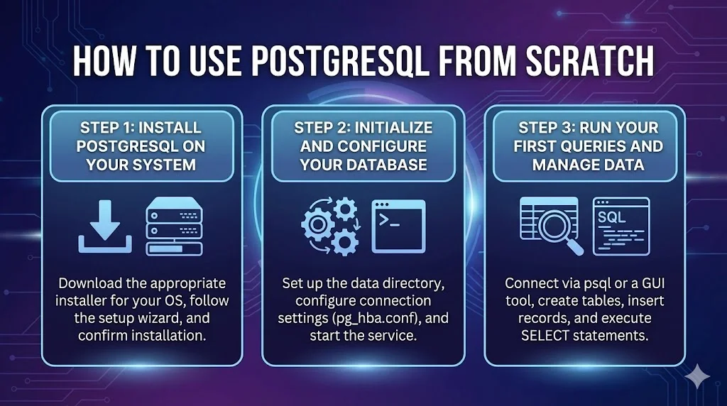 What is PostgreSQL? Features, Advantages & Industry Applications 4 How to use PostgreSQL from scratch